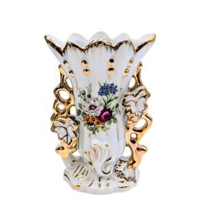 Vtg Vieux Paris Painted Gilded Edge Porcelain Rococo Style Fan Flair Bridal Vase